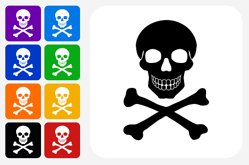 Skull and Crossbones Icon Square Button Set. The icon is in black on a white square with rounded corners. The are eight alternative button options on the left in purple, blue, navy, green, orange, yellow, black and red colors. The icon is in white against these vibrant backgrounds. The illustration is flat and will work well both online and in print.