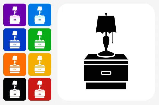 Vector illustration of Night Stand and Lamp Icon Square Button Set