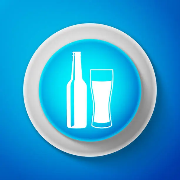 Vector illustration of White Beer bottle and glass icon isolated on blue background. Alcohol Drink symbol. Circle blue button with white line. Vector Illustration