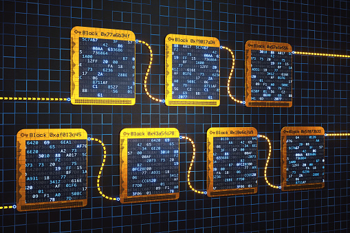An abstract digital structure showing the concept of blockchain technology with binary hash data inside each block. The background contains a simple pixelated pattern.\n\nThis image represents a conceptual design in the domain of IT, cyberspace, cyber security, cryptocurrency or similar industry sectors. The image is a made up 3D concept render.