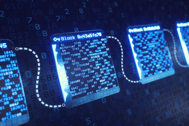 Blockchain Technology Structure Defocused An abstract digital structure showing the concept of blockchain technology with hexadecimal hash data inside each block.

This image represents a conceptual design in the domain of IT, cyberspace, cyber security, cryptocurrency or similar industry sectors. The image is a made up 3D concept render. blockchain stock pictures, royalty-free photos & images