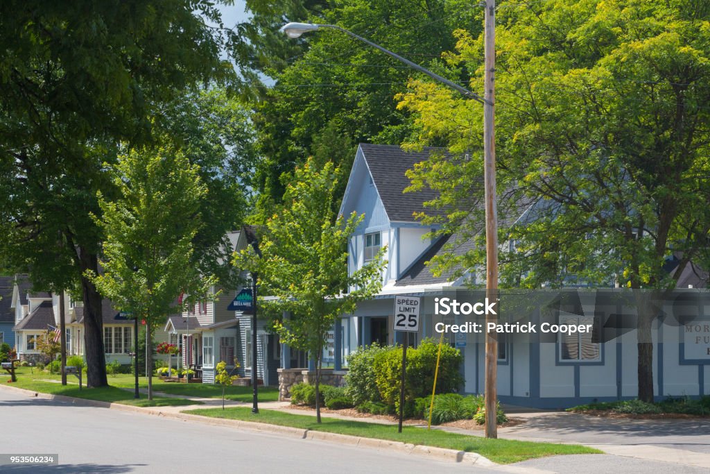 Row of houses on suburban street A row of houses on a suburban street in the village of Bellaire in Michigan, United States. Michigan Stock Photo
