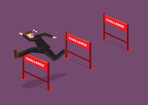 Overcoming Challenges Business Cartoon Vector Illustration Businessman jumping over series of hurdles with text Challenge on them. Vector cartoon illustration for concept on overcoming challenges. determination illustrations stock illustrations