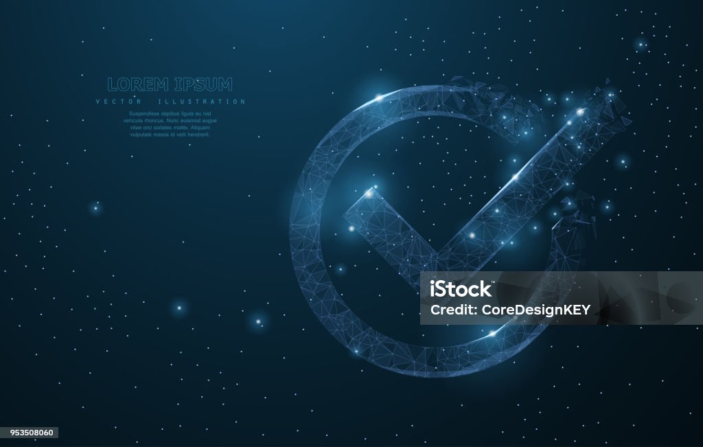 Check mark. Polygonal wireframe mesh. Choice, vote, questionnaire concept illustration or background Check mark. Polygonal wireframe mesh looks like constellation on dark blue night sky with dots and stars. Check, vote, questionnaire concept illustration or background Check Mark stock vector