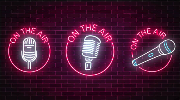 Neon on the air signs set with microphones symbols in round frames. Nightclub with live music icon. Neon on the air signs set with microphones symbols in round frames. Nightclub with live music icon. Glowing signboard of radio station. Sound cafe icon. Music show poster. Vector illustration. radio borders stock illustrations