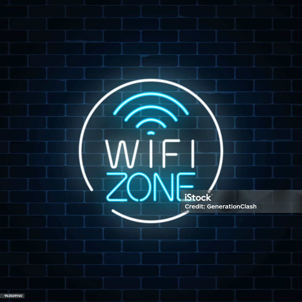 Sinal de néon da zona Wi-Fi gratuito no quadro de círculo em tijolo escuro de parede plano de fundo. Conexão sem fio de acesso gratuito no café - Vetor de Tecnologia sem Fio royalty-free