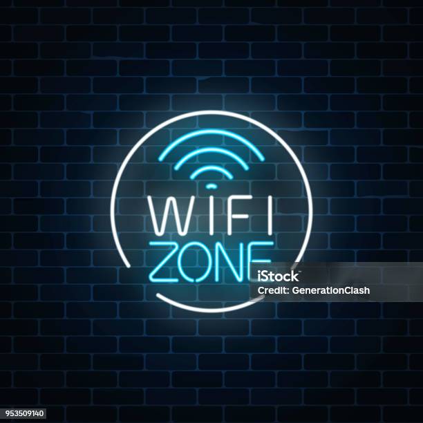 Neon Sign Of Free Wifi Zone In Circle Frame On Dark Brick Wall Background Wireless Connection Free Access In Cafe Stock Illustration - Download Image Now