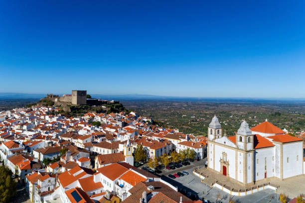 aerial view of the castelo de vide village in alentejo, portugal - castelo de vide imagens e fotografias de stock