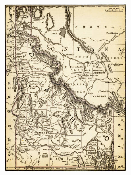 karte von montana und idaho 1893 - montana map old cartography stock-grafiken, -clipart, -cartoons und -symbole