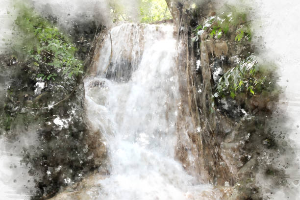 Abstract beautiful waterfall on watercolor painting background.