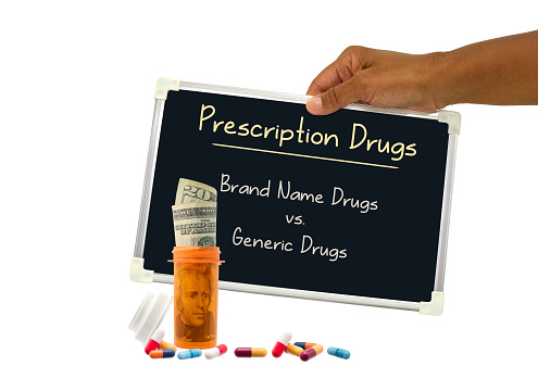 Prescription Drugs (Brand Name vs. Generic) blackboard sign held by hand behind prescription bottle with twenty dollar bill and medicine white background