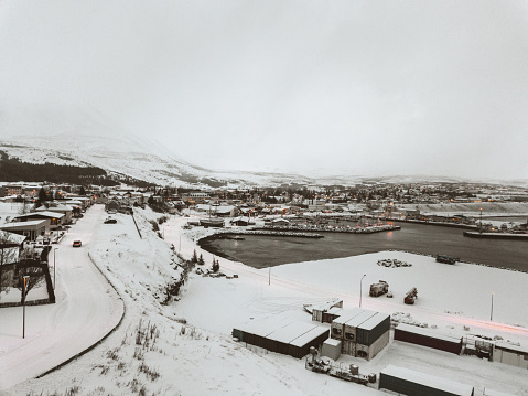 husavik aerial view of the city in iceland