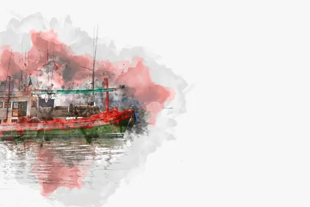 Photo of Abstract Long boat fishing in sea, Fishing boat on watercolor paining background and colorful splash brush to art.