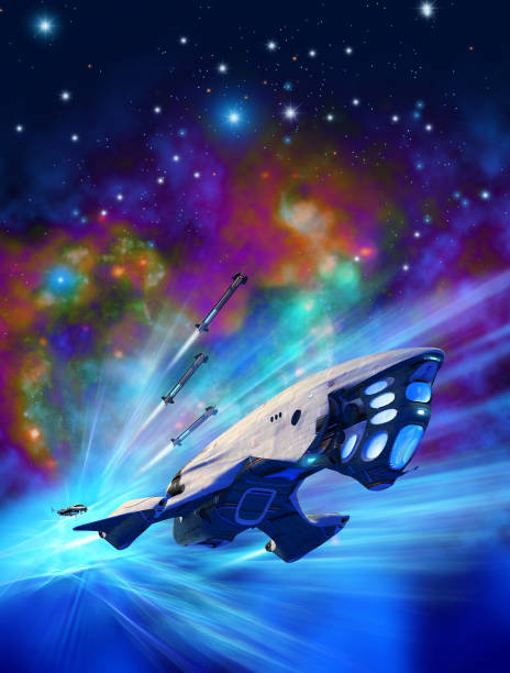 istock spaceship coming out of hyperspace, inside a nebula, pursued by another spaceship launching 3 missiles, 3d illustration 953546968