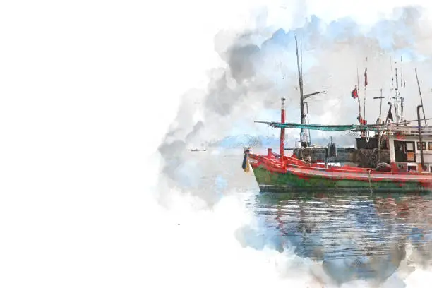 Photo of Abstract Long boat fishing in sea, Fishing boat on watercolor paining background and colorful splash brush to art.