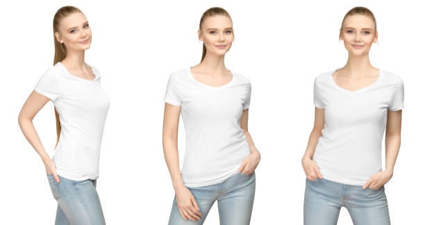세트 프로 모션 인쇄 및 t-셔츠 앞에 템플릿 젊은 여자 및 절반 차례 클리핑 패스와 측면 보기 절연 흰색 배경 개념에 대 한 빈 흰색 tshirt 이랑 디자인 소녀 포즈 - 짧은 소매 뉴스 사진 이미지