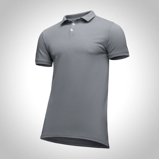 istock Blank template men grey polo shirt short sleeve, front view half turn bottom-up, isolated on gray background with clipping path. Mockup concept t shirt for design and print 953552770