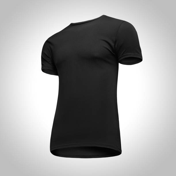 istock Blank template men black t shirt short sleeve, front view half turn bottom-up, isolated on gray background with clipping path. Mockup concept tshirt for design and print 953553624