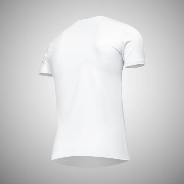 istock Blank template men white t shirt short sleeve, back view bottom-up half turn, isolated on gray background with clipping path. Mockup concept tshirt for design and print 953553716