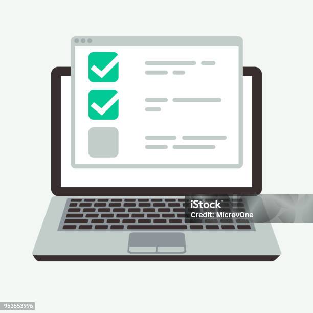Online Checklist On Laptop Display Success Quiz And Exam Testing Vector Concept Stock Illustration - Download Image Now