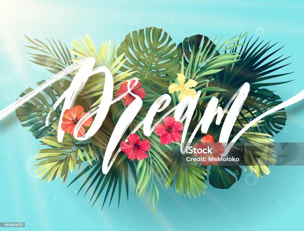 Summer lettering with green palm leaves and bright hibiscus flowers on a sky blue background. Modern botanical typography design. Vector illustration Summer lettering with green palm leaves and bright hibiscus flowers on a sky blue background. Modern botanical typography design. Vector illustration. Tropical Climate stock vector