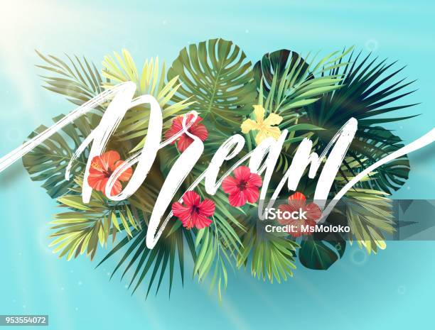 Summer Lettering With Green Palm Leaves And Bright Hibiscus Flowers On A Sky Blue Background Modern Botanical Typography Design Vector Illustration Stock Illustration - Download Image Now