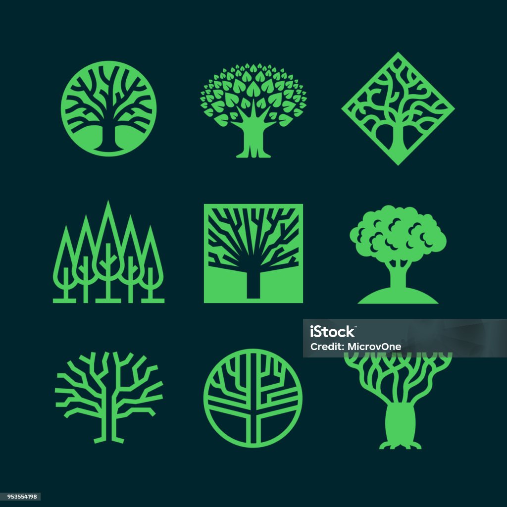 Logos de árbol abstracto verde. Insignias de vector creativo eco bosque - arte vectorial de Árbol libre de derechos