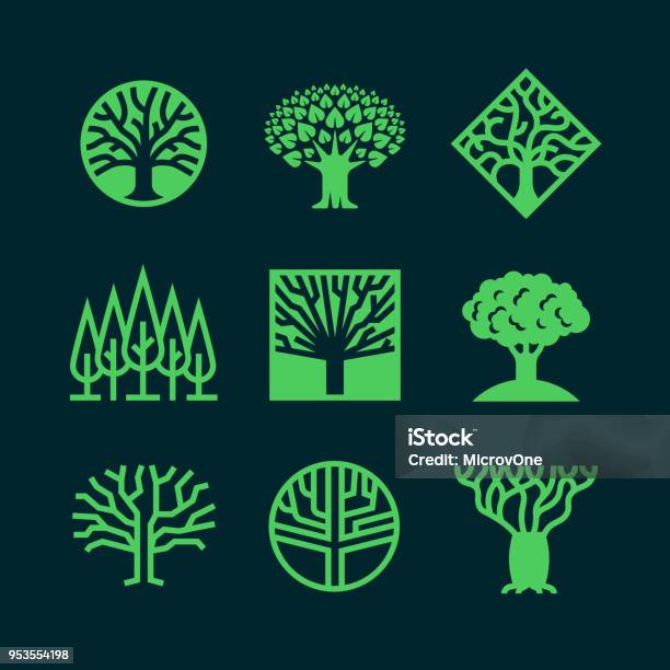 Abstract Green Tree Logos Creative Eco Forest Vector Badges Stock Illustration - Download Image Now