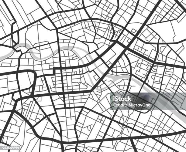 Ilustración de Mapa De Navegación Ciudad Abstracto Con Líneas Y Calles Esquema De Planificación Urbano Vector Blanco Y Negro y más Vectores Libres de Derechos de Mapa