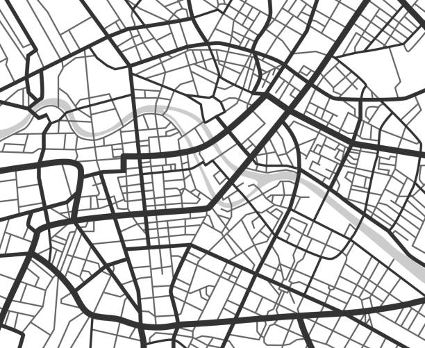 illustrazioni stock, clip art, cartoni animati e icone di tendenza di mappa di navigazione astratta della città con linee e strade. programma vettoriale di pianificazione urbana in bianco e nero - global positioning system map road map direction