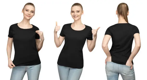 Photo of Set promo pose girl in blank black tshirt mockup design for print and concept template young woman in T-shirt front and side back view isolated white background with clipping path