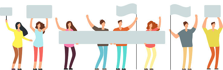 Crowd of protesting people with banners, flags. Voting students at demonstration. Political meeting and protest vector concept isolated. People crowd with flag, group protester illustration