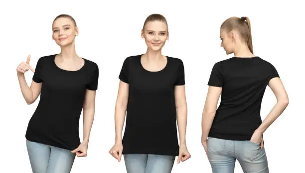 Photo of Set promo pose girl in blank black tshirt mockup design for print and concept template young woman in T-shirt front and side back view isolated white background with clipping path