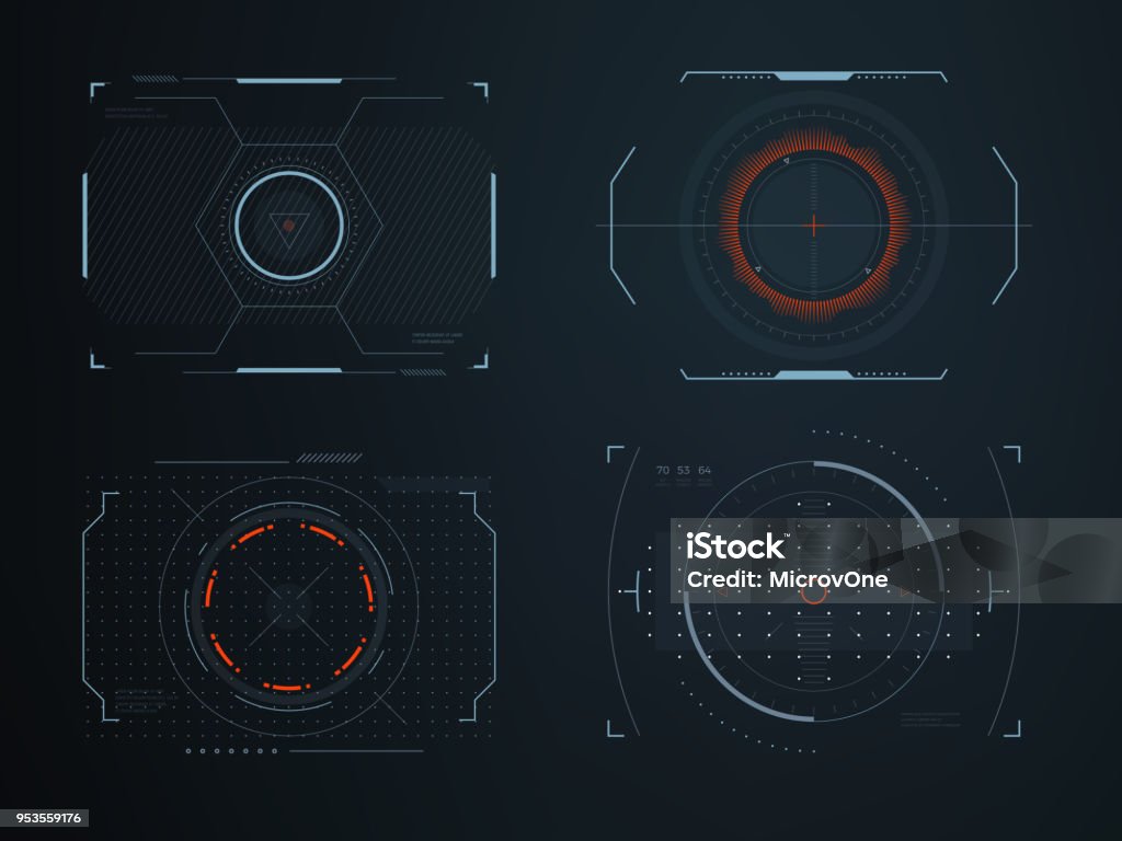 Vista de cabina futurista casco hud pantallas. Brillante representación visual de la tecnología del vehículo. Paneles de interfaz interactiva control vectores - arte vectorial de Tecnología libre de derechos