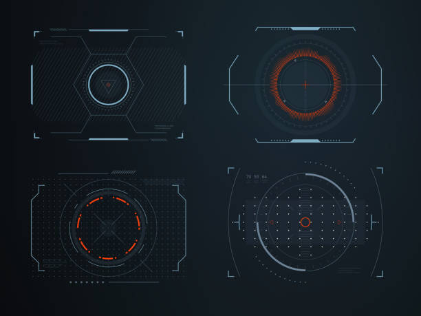 illustrazioni stock, clip art, cartoni animati e icone di tendenza di futuristico casco hud schermi cabina di pilotaggio vista. tecnologia dei veicoli con display visivo incandescente. pannelli vettoriali di controllo dell'interfaccia interattiva - viewfinder