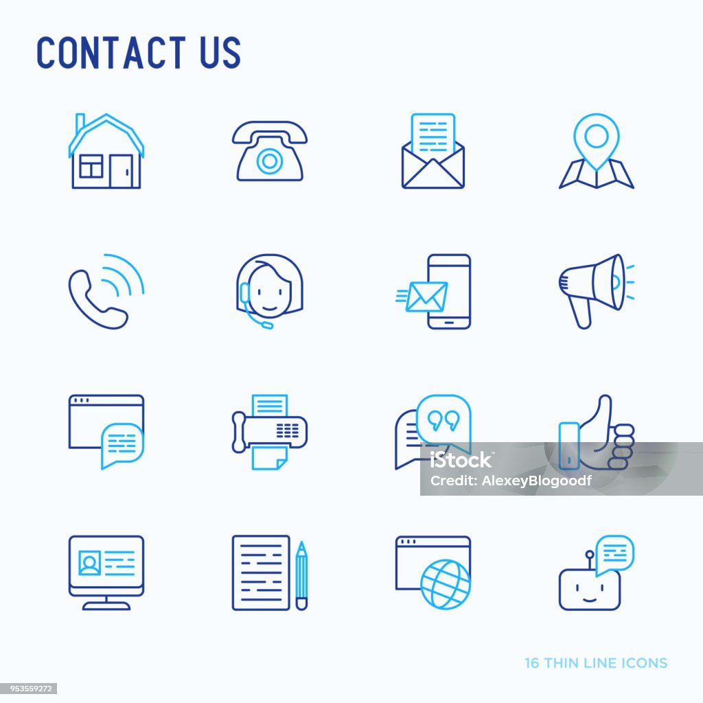 Contact us thin line icons set of telephone, fax, operator call center, e-mail, chat bot, pointer, feedback. Modern vector illustration. Icon Symbol stock vector