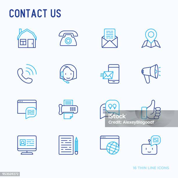 Contact Us Thin Line Icons Set Of Telephone Fax Operator Call Center Email Chat Bot Pointer Feedback Modern Vector Illustration Stock Illustration - Download Image Now