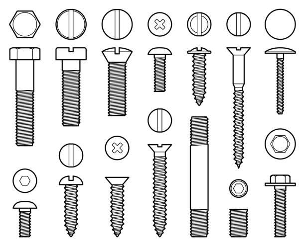 Industrial screws bolts, nuts and nails line vector icons. Bolt with screw, nut for fix work illustration