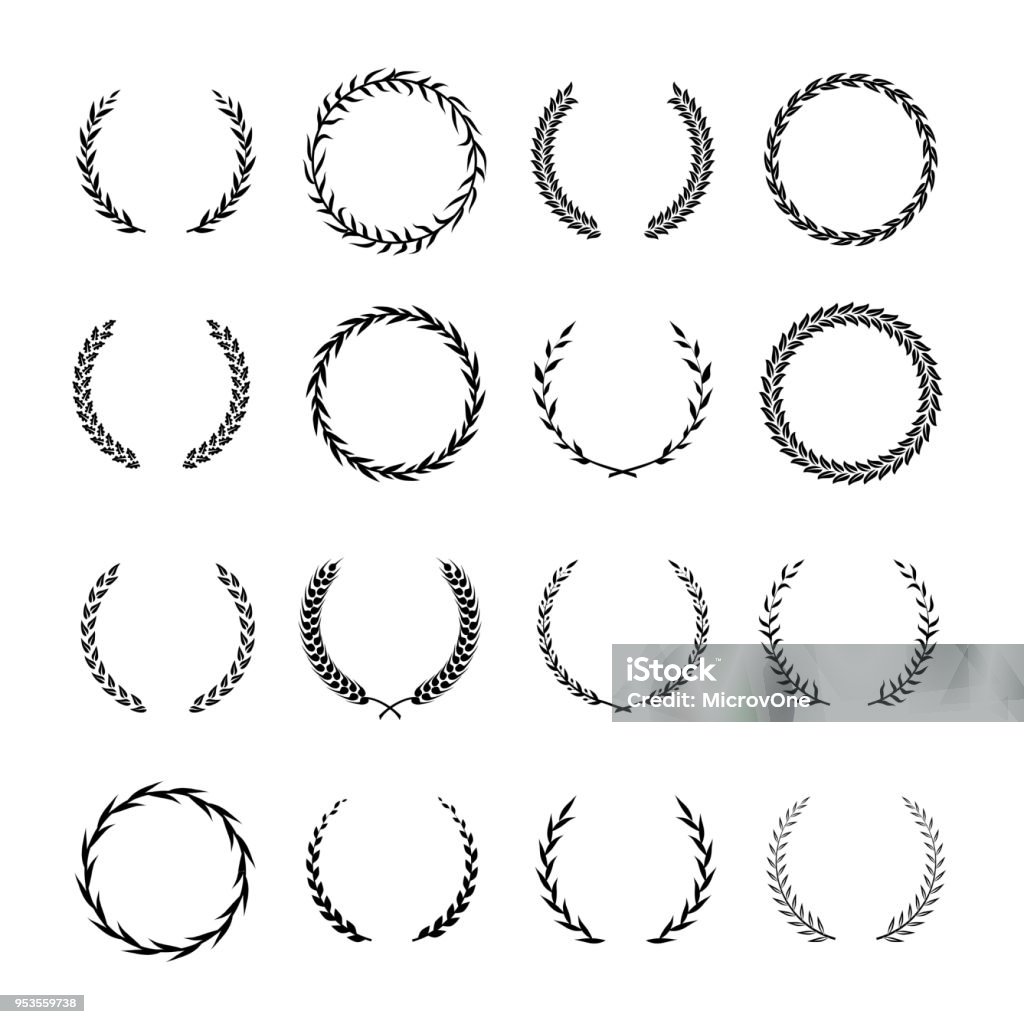 Vintage round branch borders. Laurel and oak heraldry wreaths. Award, achievement, nobility vector design elements isolated Vintage round branch borders. Laurel and oak heraldry wreaths. Award, achievement, nobility vector design elements isolated. Illustration of laurel branch wreath frame collection Laurel Wreath stock vector