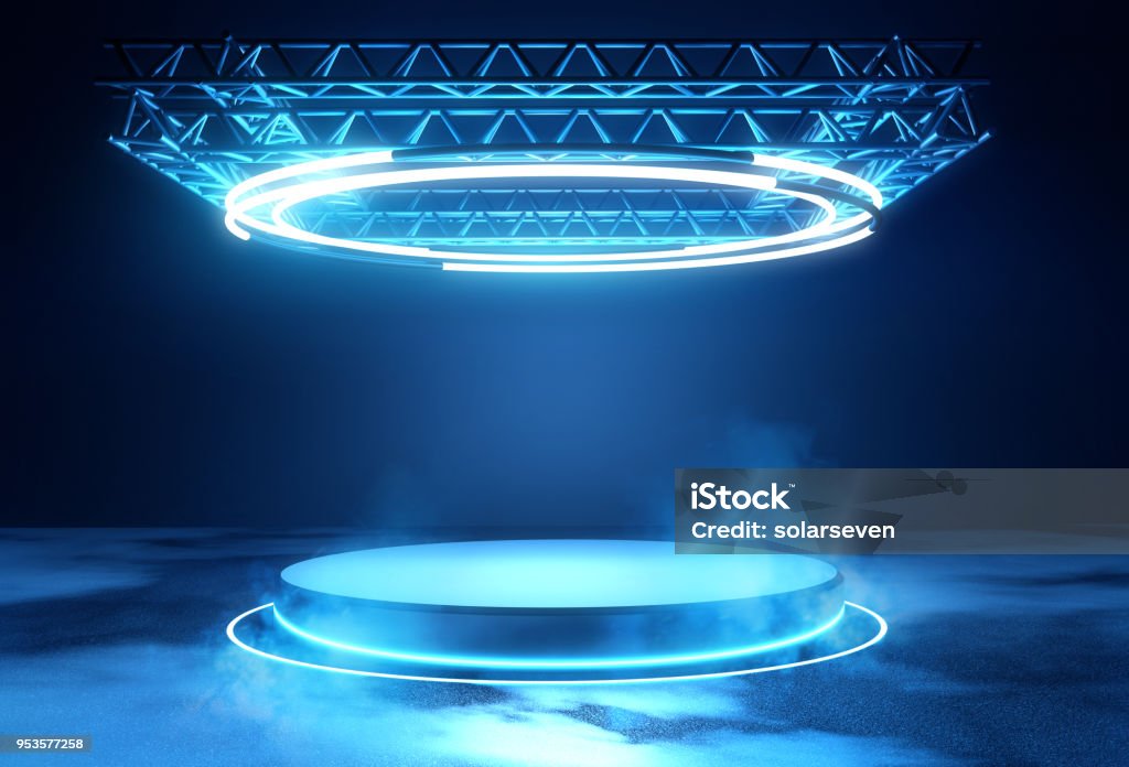 Futuristic Stage Platform with Lighting A futuristic technology blank platform with blue glowing neon round lighting. Science fiction 3D illustration. Stage - Performance Space Stock Photo