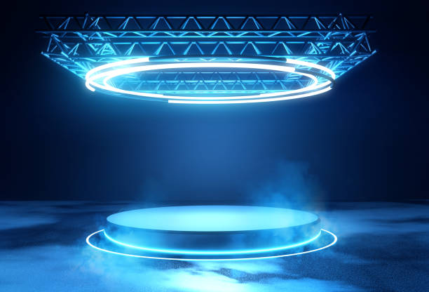 Futuristic Stage Platform with Lighting A futuristic technology blank platform with blue glowing neon round lighting. Science fiction 3D illustration. stage stock pictures, royalty-free photos & images