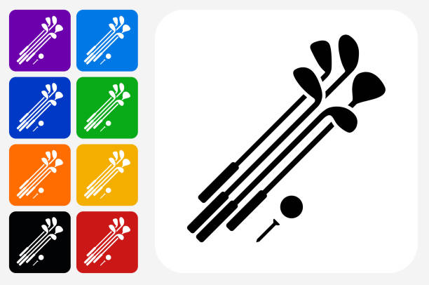 illustrations, cliparts, dessins animés et icônes de ensemble de bâtons de golf et balle icône carrée bouton ensemble - club