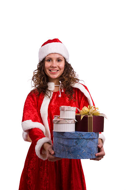 Santa donna con un regalo. - foto stock