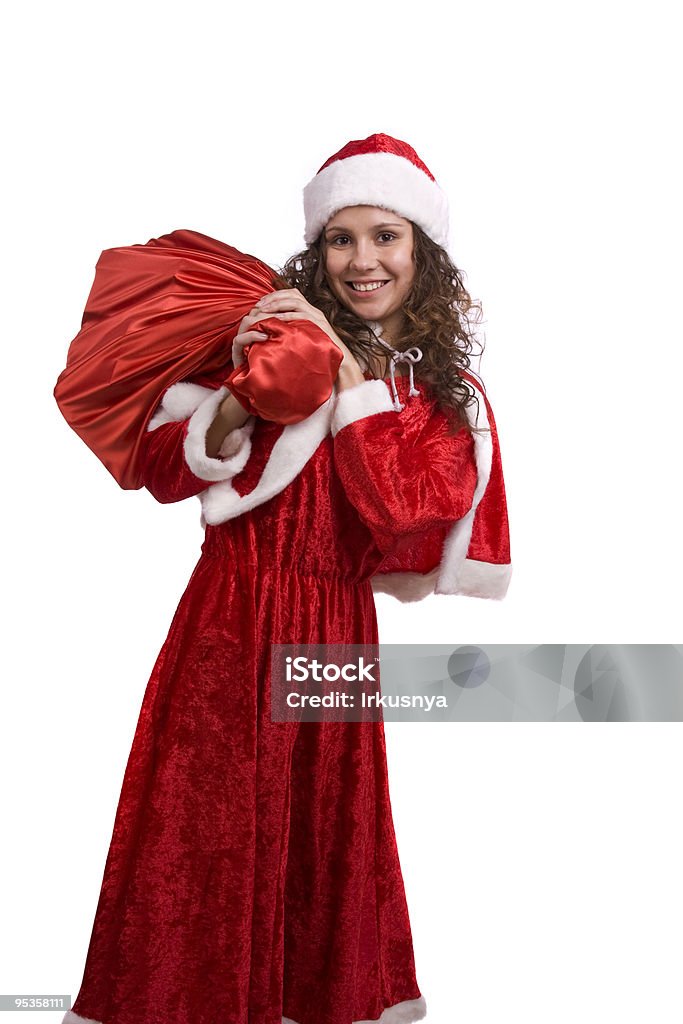 Санта Женщина держит красный Мешок с подарками. - Стоковые фото Вертикальный роялти-фри