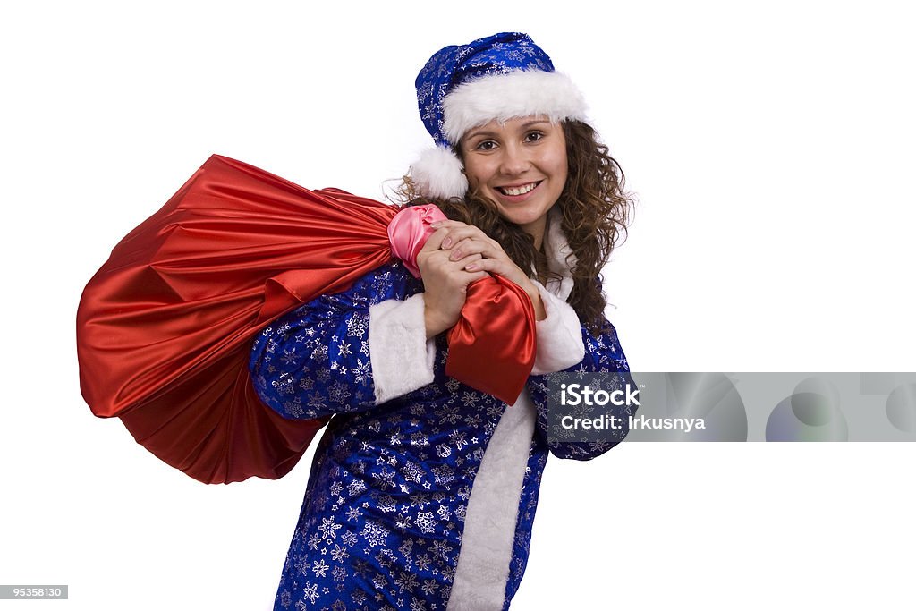 Santa Kobieta trzyma czerwony worek z prezenty - Zbiór zdjęć royalty-free (Boże Narodzenie)