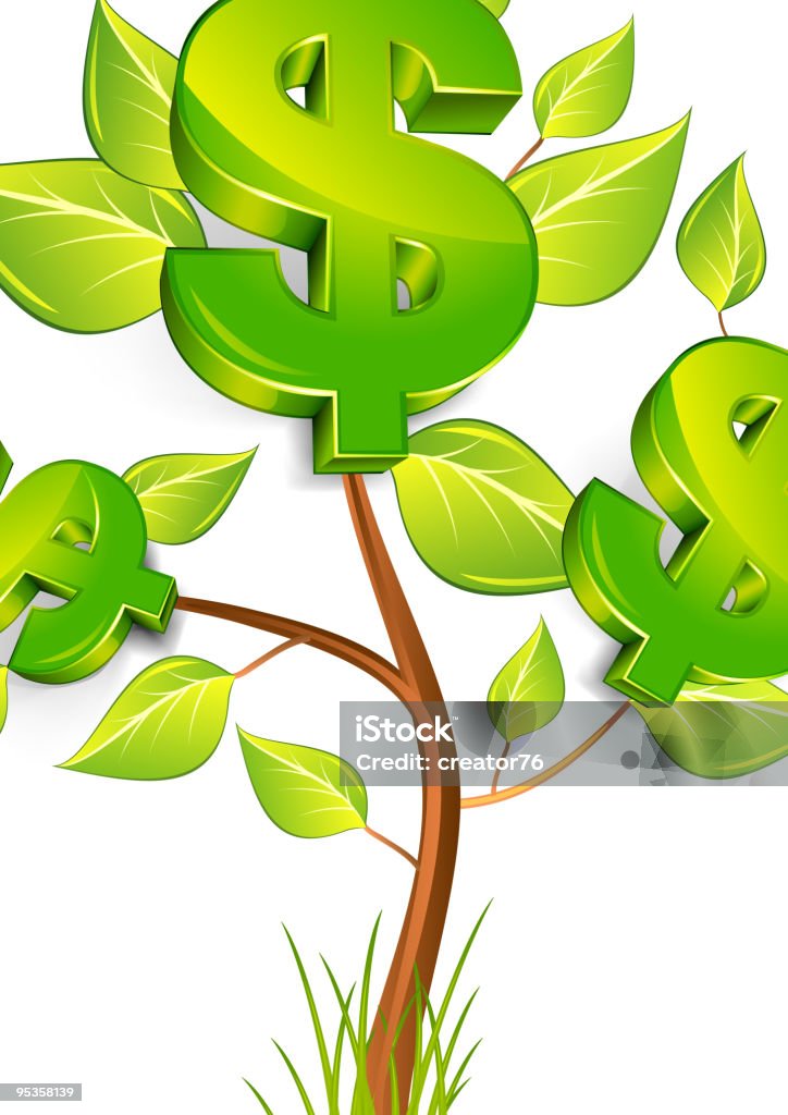3D image of tree with money signs against white background Green tree growing currency with dollar sign on white background, vector illustration Banking stock vector
