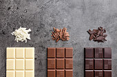 Delicious variety of chocolate on rustic background