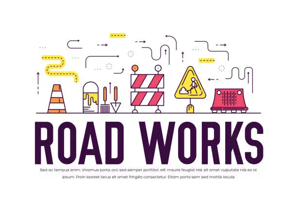 Vector illustration of People at road works vector outline concept. Heavy vehicles making the road maintenance thin line illustration. Banner with typography slogan text design.