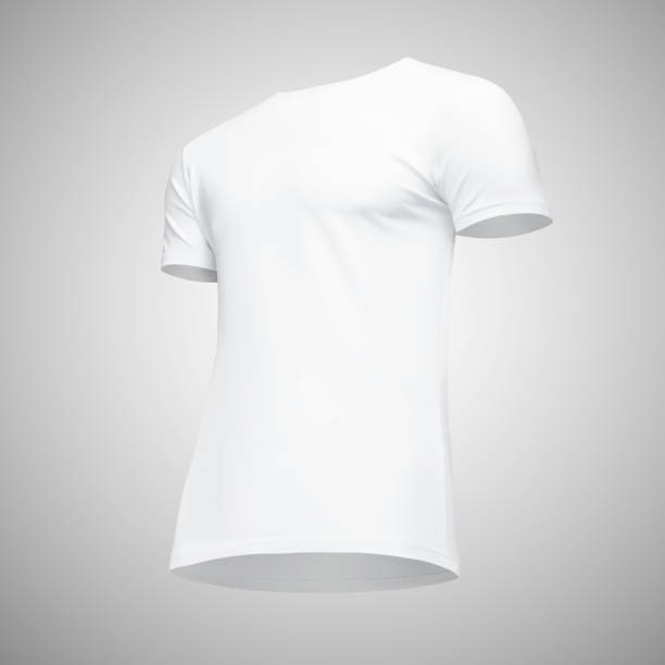 istock Blank template men white t shirt short sleeve, front view half turn bottom-up, isolated on gray background with clipping path. Mockup concept tshirt for design and print 953587650