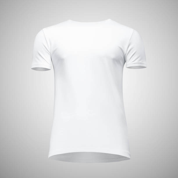 istock Blank template men white t shirt short sleeve, front view bottom-up, isolated on gray background with clipping path. Mockup concept tshirt for design and print 953587696